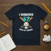 I SURVIVED 67 DAYS OF SCHOOL text with a baseball, bats, and home plate graphic on a navy t-shirt