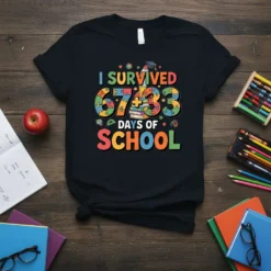 I Survived 6733 Days of School text with puzzle pieces and school icons on a black t-shirt