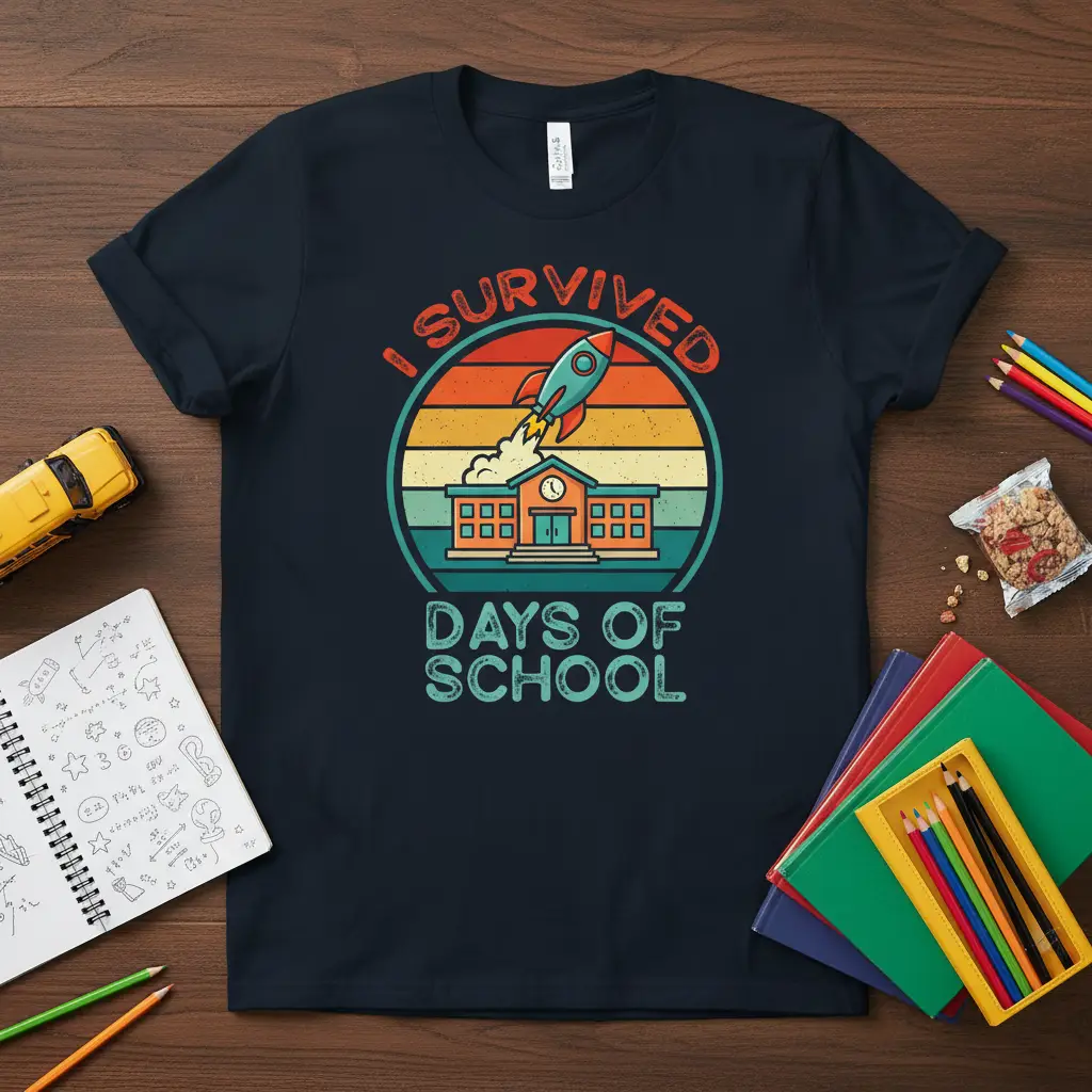 I Survived Days Of School graphic tee design with retro sunset and rocket launching from school