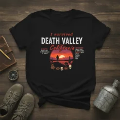 I survived Death Valley California T-Shirt with desert sunset graphic and text details