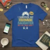 I Survived My Teenage Daughter But My Hair Didn't quote t-shirt design with tired eyes graphic and messy hair illustration