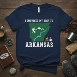 I Survived My Trip To Arkansas t-shirt design featuring state outline, hiker, mountains, river, and campfire graphic