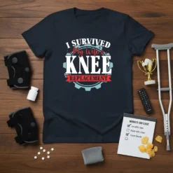I Survived My Wife's Knee Replacement t-shirt with bold white text and red accents on a navy shirt