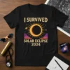 Black t-shirt with "I SURVIVED SOLAR ECLIPSE 2024" text and a graphic of a solar eclipse with sun rays and