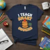 I Teach Smart Cookies t-shirt design with stack of smiling cookies, apple, and chalkboard graphic