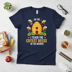 Teacher t-shirt with "I Teach The Cutest Beess In The Beehive" text, cute bees, beehive, sunflowers, and apples graphic
