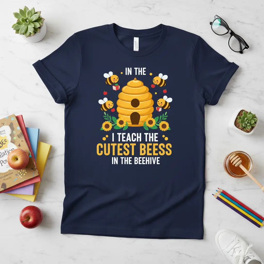 I Teach The Cutest Beess In The Beehive teacher t-shirt with cute bees and beehive illustration