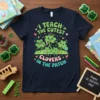 T-shirt design with green text "I Teach The Cutest Clovers In The Patch" featuring cartoon clovers wearing graduation caps and