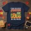 I Teach The Cutest Pumpkins In The Patch t-shirt design featuring a smiling pumpkin teacher and four student pumpkins in