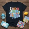 Toddler t-shirt with colorful text saying "i THINK i PEED MY PANTS" in a bubbly, fun font, surrounded by stars
