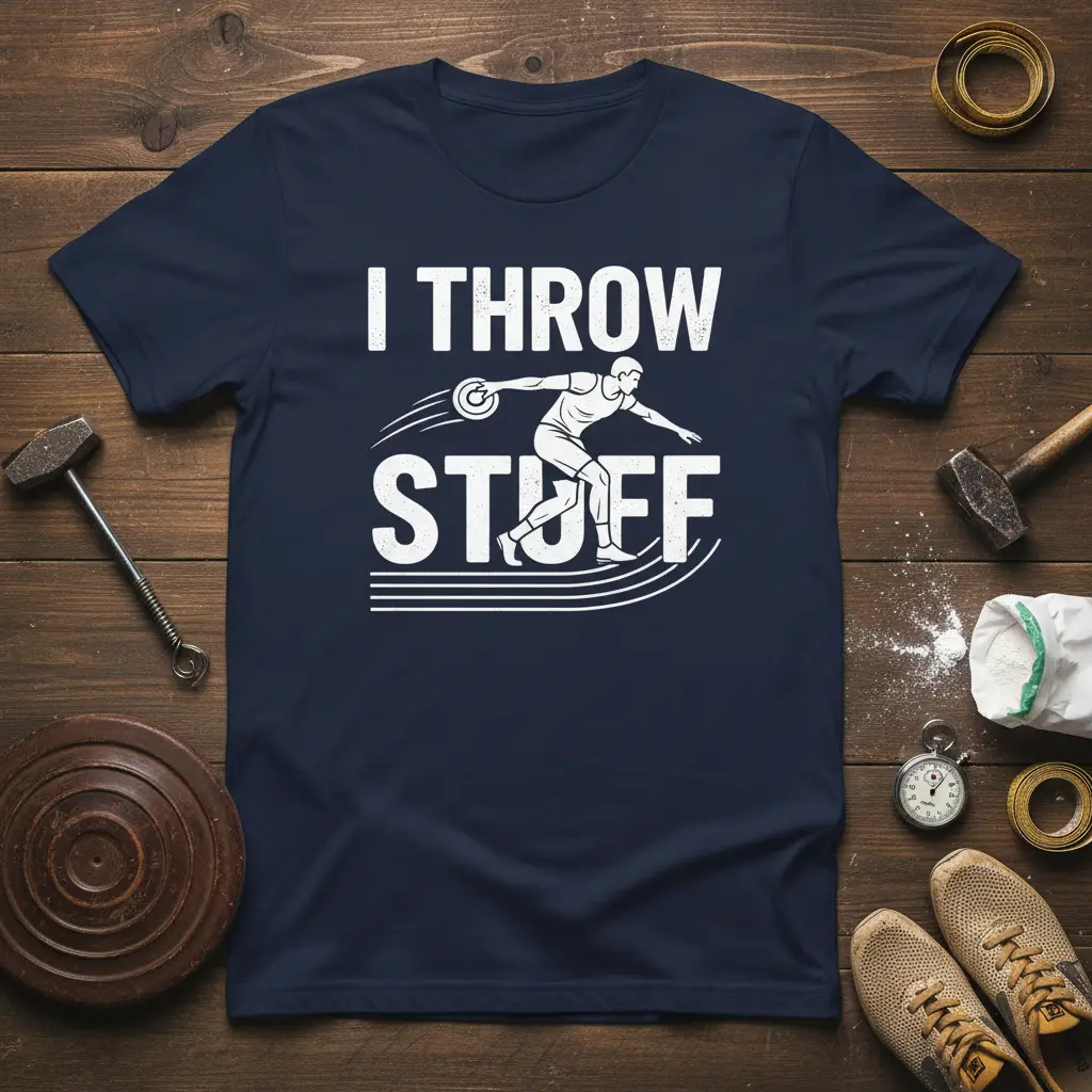 I Throw Stuff humorous quote design featuring a discus thrower graphic and bold white typography