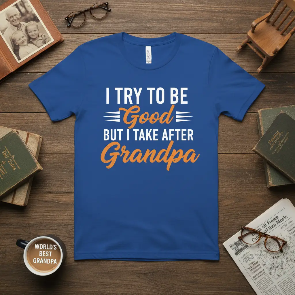 I Try To Be Good But I Take After Grandpa quote on a blue t-shirt, white and orange playful typography