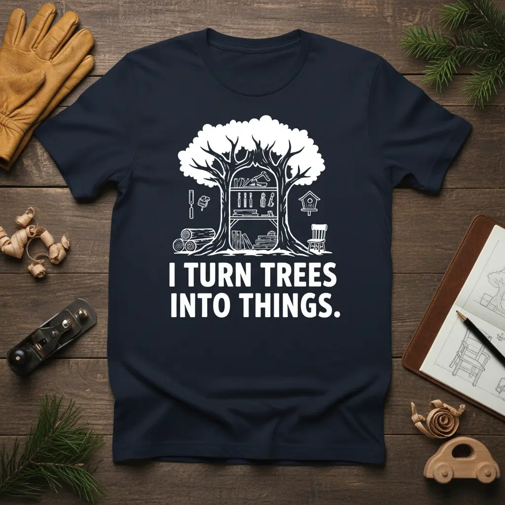 I Turn Trees Into Things woodworking quote with a tree workshop graphic on a navy blue t-shirt