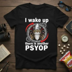 Black t-shirt with "I wake up there is another PSYOP" text and a cat wearing a hat, surrounded by gears