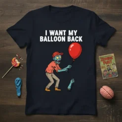 T-shirt with white text "I WANT MY BALLOON BACK" above a cartoon zombie holding a red balloon, with a detached