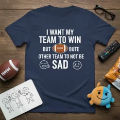 T-shirt with white text "I Want My Team To Win But Other Team To Not Be Sad" featuring a football