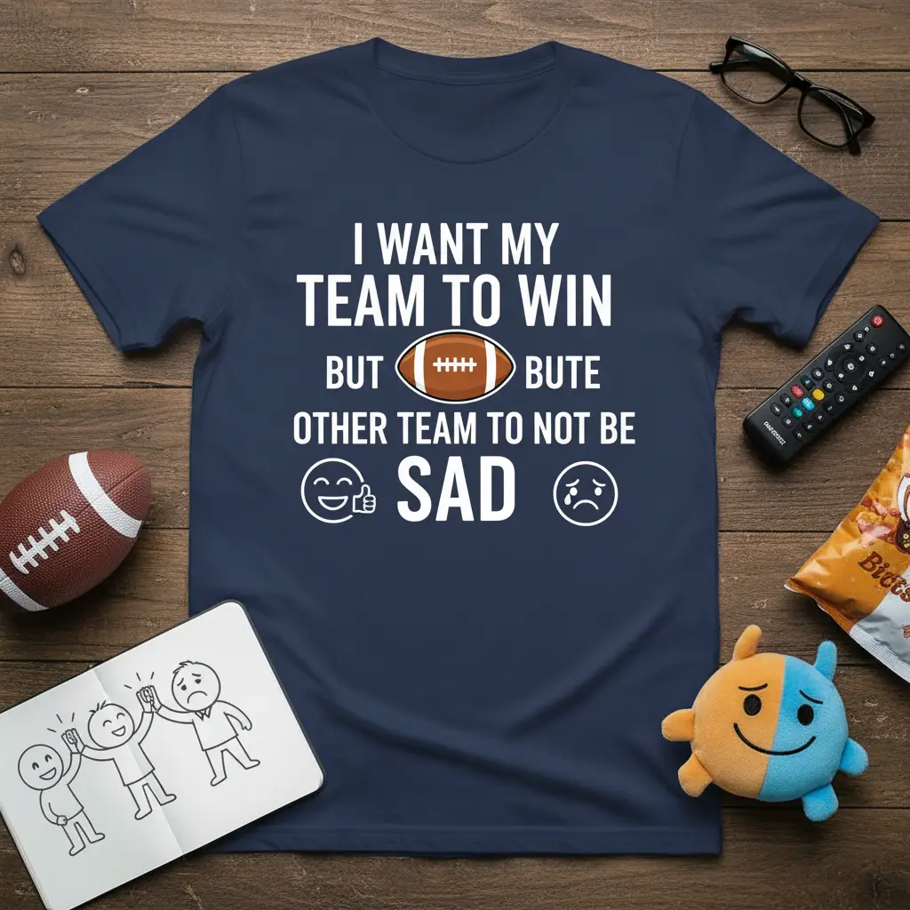 I Want My Team To Win But Other Team To Not Be Sad quote on a navy t-shirt with football graphic and