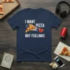 I Want Pizza Not Feelings funny quote t-shirt design with a slice of pizza and a broken heart graphic