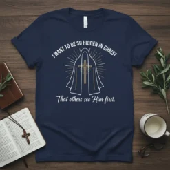 Christian t-shirt with the quote "I Want To Be So Hidden In Christ That Others See Him First" and a