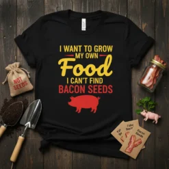 Black t-shirt with yellow and red text "I Want To Grow My Own Food I Can't Find Bacon Seeds" and