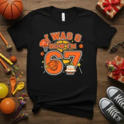 I WAS 6 NOW I'M 67 basketball birthday t-shirt with graphics of a basketball, hoop, and cake