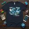 I Was 6 Now I'm 7 8 Years Old birthday t-shirt with pixelated numbers, rockets, and cartoon characters. Features text