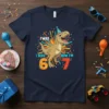 I Was 6 Now I'm 7 dinosaur birthday t-shirt design with a T-Rex wearing a party hat and fireworks