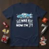 I Was 6 Now I'm 7! text with a blue race car graphic on a navy t-shirt, perfect for a