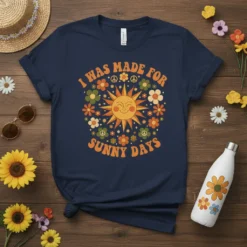 T-shirt with the quote "I Was Made For Sunny Days" surrounded by retro sun and colorful flowers