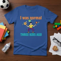 I Was Normal Three Kids Ago funny parenting quote t-shirt design with a man juggling objects