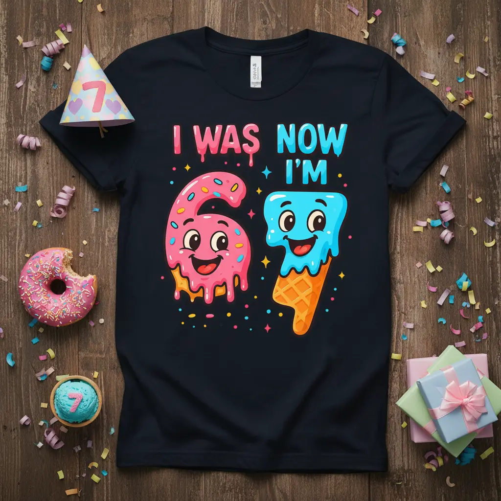 I Was Now I'm 6 7 birthday graphic with a pink donut and blue ice cream cone design