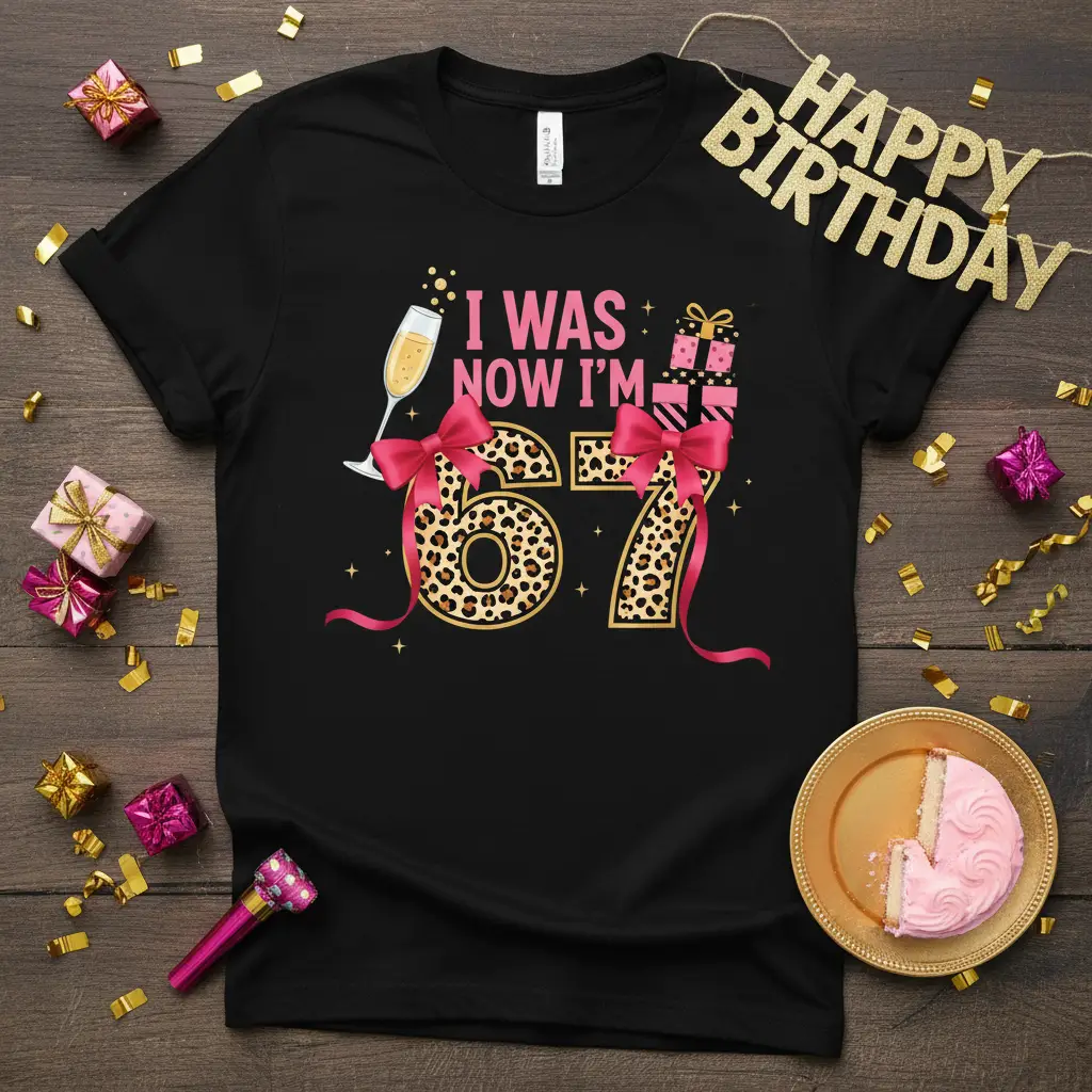 I WAS NOW I'M 67 birthday quote with leopard print 67 and festive graphics on a black t-shirt