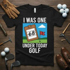 I Was One 68 Under Today Golf T-Shirt featuring a scoreboard with 68 and a golf flag with 1