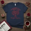 I Wear Burgundy For Someone I Love Multiple Myeloma awareness t-shirt with a red tree graphic and burgundy ribbons