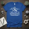 T-shirt with white text "I Wear GRAY For Schizophrenia Awareness" and a gray awareness ribbon with a heartbeat EKG line