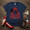 Navy t-shirt with red text "I Wear Heels Bigger Than Your 18+ Dock" and graphic of red high heels