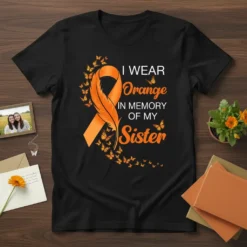 I Wear Orange In Memory Of My Sister t-shirt with orange ribbon and butterflies design