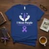 I Wear Purple Elder Abuse Awareness T-Shirt with purple ribbon and hands graphic