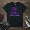 Fibromyalgia awareness t-shirt with purple tree, heartbeat line, and "I Wear Purple For Fibromyalgia Awareness" text