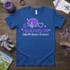 T-shirt with text "I Wear Purple For Infantile Spasms Awareness" and purple brain graphic, ribbon, and heartbeat line