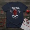 I Wear Red To Fight Heart Disease t-shirt with heartbeat EKG, anatomical heart, and infinity symbol design