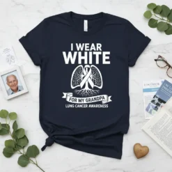 T-shirt with "I Wear White For My Grandpa Lung Cancer Awareness" text and lung graphic