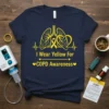 I Wear Yellow For COPD Awareness text on a navy t-shirt with yellow lung graphic and heartbeat line