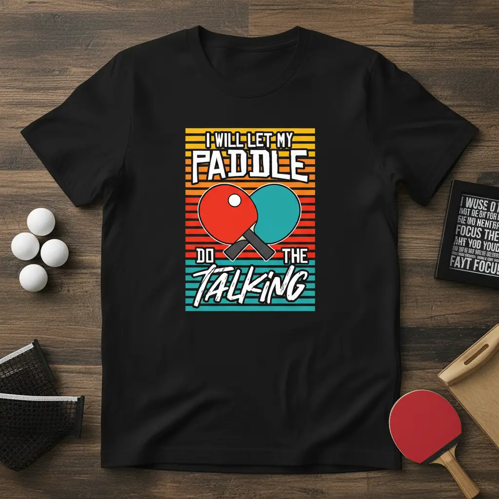 I Will Let My Paddle Do The Talking ping pong quote t-shirt with crossed paddles and retro stripes graphic