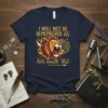 Navy t-shirt with "I Will Not Be Remembered As Hot Mouth Shut" text and a roaring lion graphic with flames