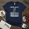 Navy blue t-shirt with white text "I Will Not Say 67" repeated, featuring a cute owl wearing a party hat