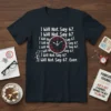 Funny "I Will Not Say 67 Ever" 67th birthday t-shirt design featuring repeated text and a clock graphic