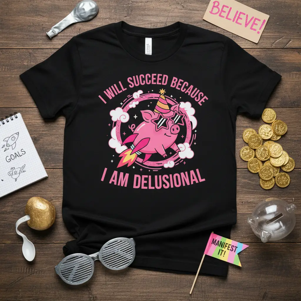 I Will Succeed Because I Am Delusional Pig Rocket Tee
