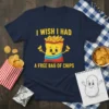 Navy t-shirt with yellow text "I Wish I Had A Free Bag Of Chips" and a cartoon chip bag graphic