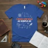 I Wish Life Was As Simple As quote on a blue t-shirt with science and math formulas, atom, gears, and
